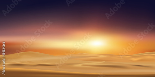 Sunset at desert landscape with sand dunes with orange sky in evening,Vector illustration beautiful nature with sunrise in the morning,Banner background for Islam,Muslim for Eid Mubarak,Eid al fitr