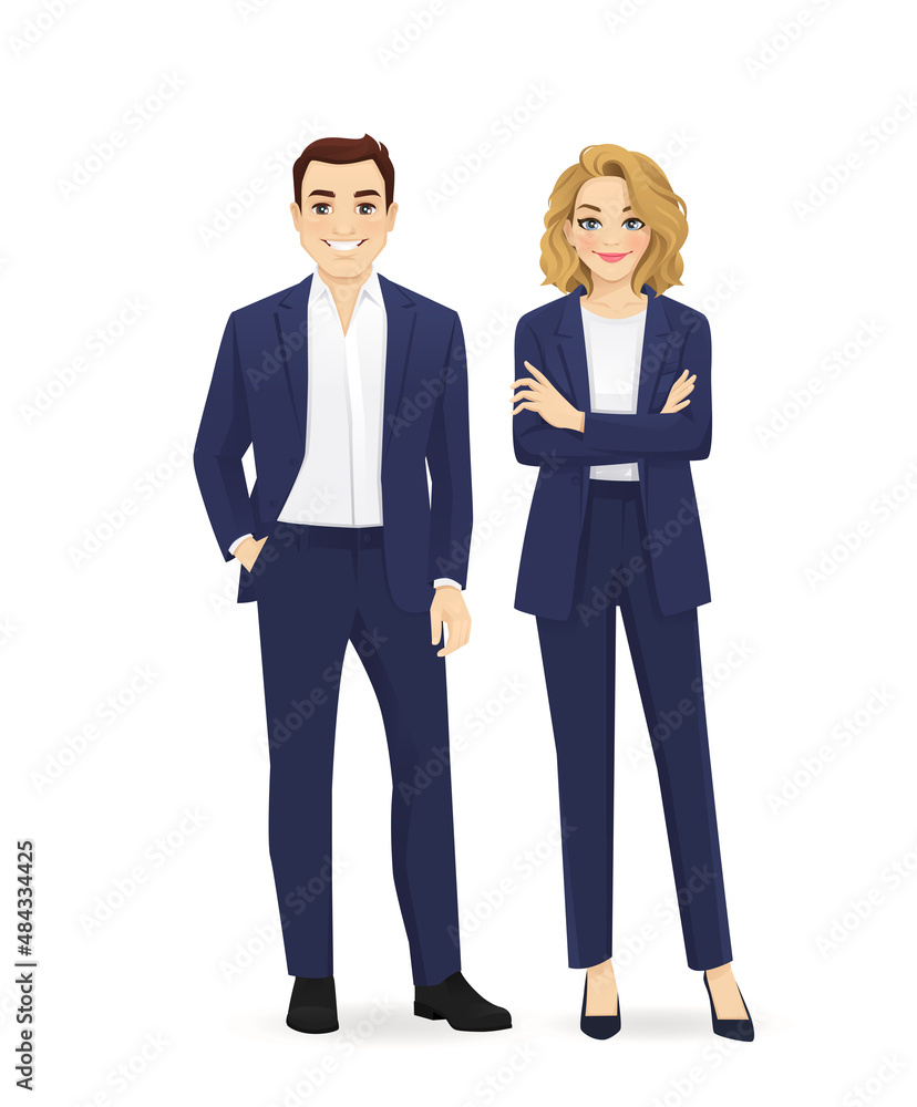 Business team. Cheerfull business man and woman in blue suits standing isolated vector illustration Business team. Cheerfull business man and woman in blue suits standing isolated vector illustration