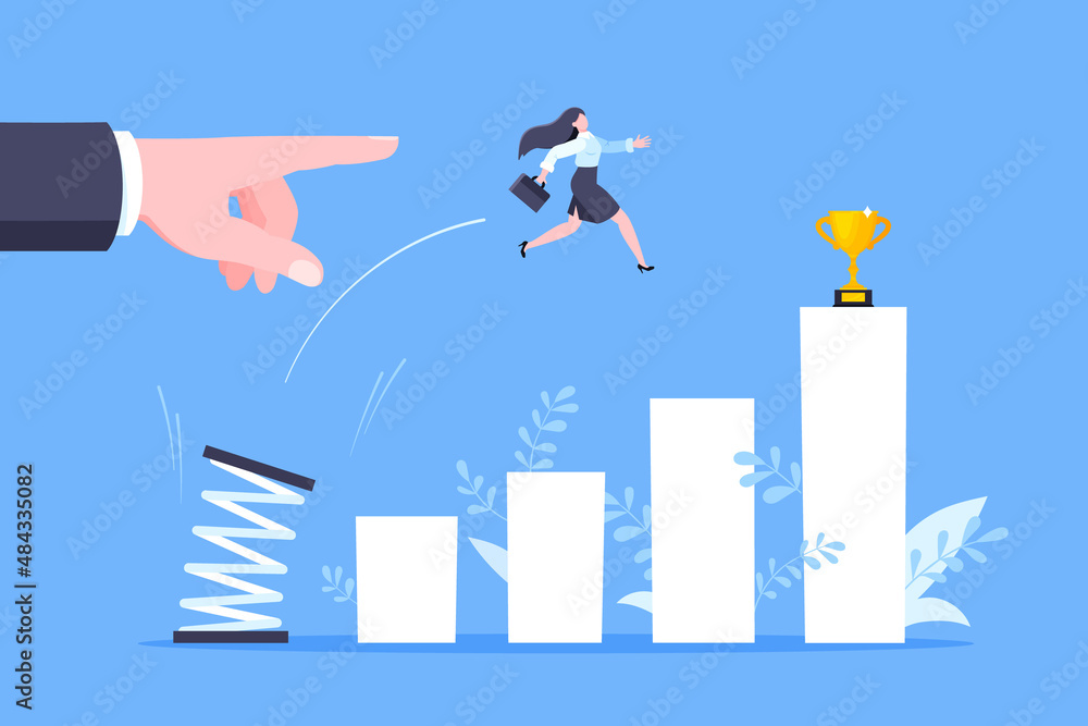 Business mentor helps to improve career with springboard vector illustration. Business person jumps above career ladder graph. Success growth, motivation opportunity, boost career concept.