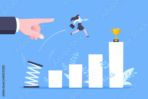 Business mentor helps to improve career with springboard vector illustration. Business person jumps above career ladder graph. Success growth, motivation opportunity, boost career concept.