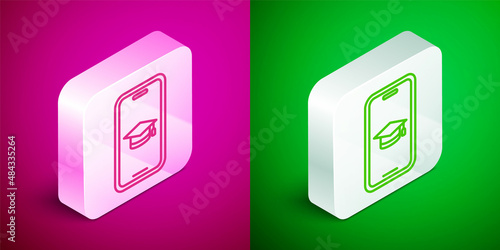 Isometric line Graduation cap on screen smartphone icon isolated on pink and green background. Online learning or e-learning concept. Silver square button. Vector