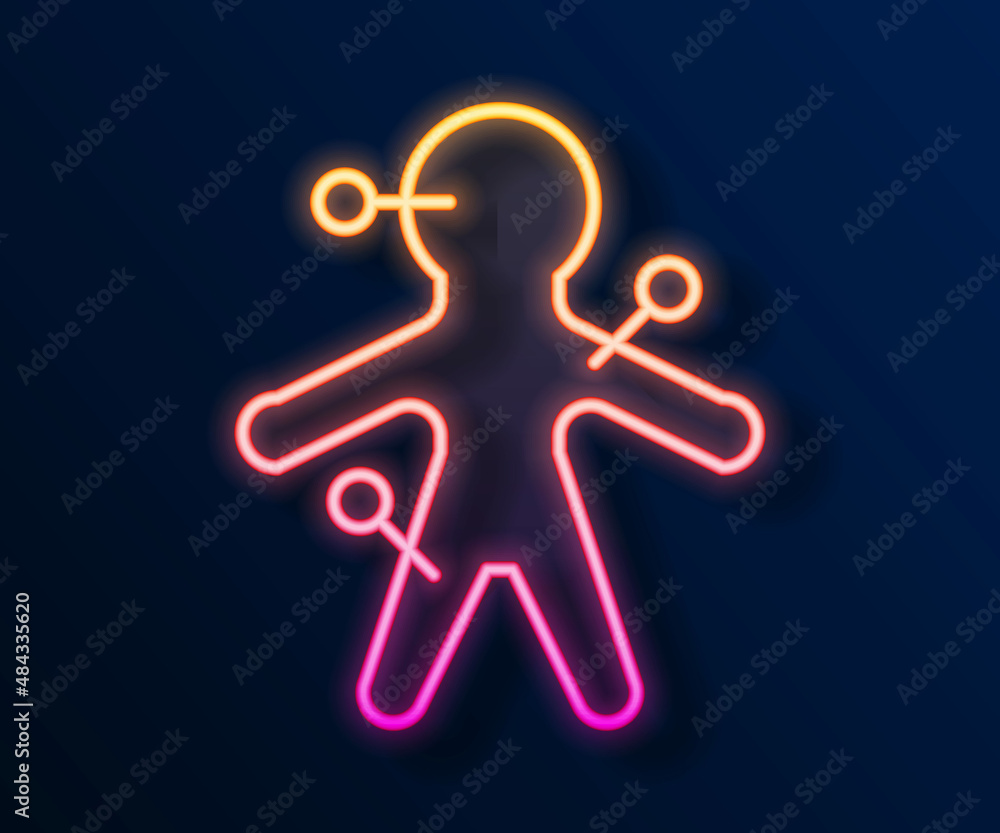 Glowing neon line Voodoo doll icon isolated on black background. Vector Glowing neon line Voodoo doll icon isolated on black background. Vector