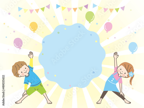 ヨガをする男女の子ども達のイラスト素材セット