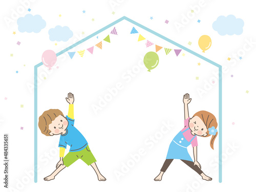 ヨガをする男女の子ども達のイラスト素材セット