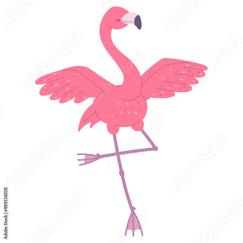 Cute pink flamingo dance. African bird cartoon flat illustration.