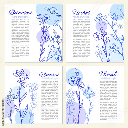 Forget me not flowers isolated on white backdrop, vertical banner set, labes, hand drawn doodle vector sketch herbal vintage graphic line art for card, sticker, invitation, wedding design, cosmetic