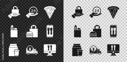 Set Online ordering and delivery, Clock 24 hours, Slice of pizza, Fast by car, Shopping bag food and burger icon. Vector