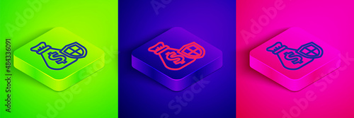 Isometric line Money bag with shield icon isolated on green, blue and pink background. Insurance concept. Security, safety, protection, protect concept. Square button. Vector