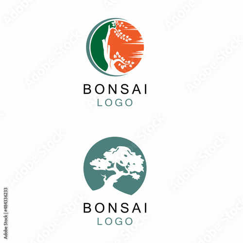Oriental Bonsai Art, Japanese Mini Small Plant Tree on Pot Silhouette logo design vector