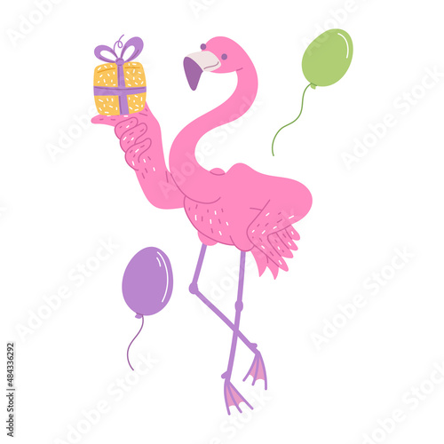 Cute pink flamingo with gift and balloons. African bird cartoon flat illustration.