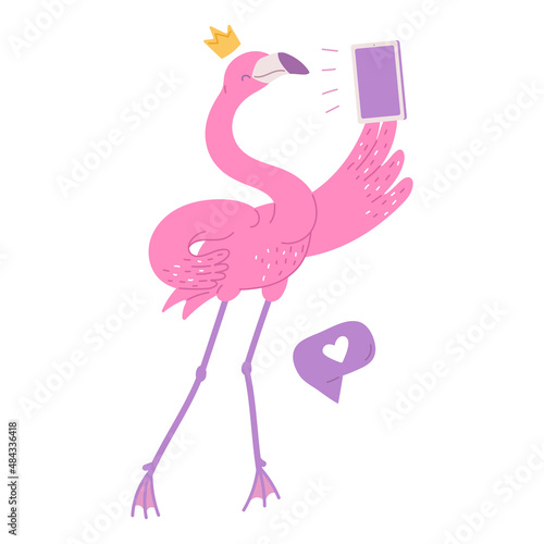 Cute pink flamingo princess with phone. African bird cartoon flat illustration.