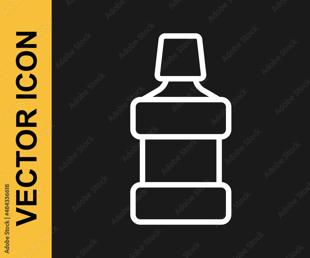 White line Mouthwash plastic bottle icon isolated on black background. Liquid for rinsing mouth. Oralcare equipment. Vector White line Mouthwash plastic bottle icon isolated on black background. Liquid for rinsing mouth. Oralcare equipment. Vector