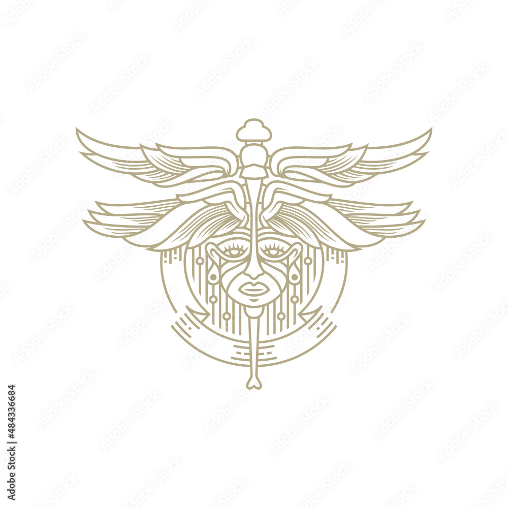 Emblem Badge of Dragonfly and Human Face Emblem Badge of Dragonfly and Human Face