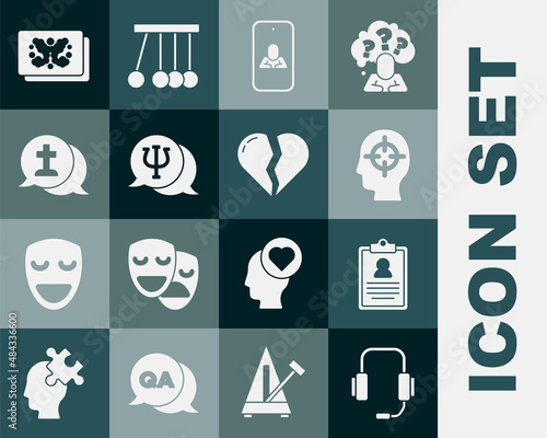 Set Psychologist online, Medical clipboard, Finding problem, Psychology, Psi, Graves funeral sorrow, Rorschach test and Broken heart divorce icon. Vector