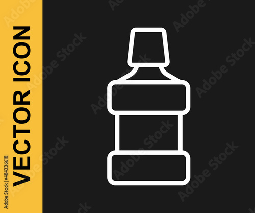 White line Mouthwash plastic bottle icon isolated on black background. Liquid for rinsing mouth. Oralcare equipment. Vector