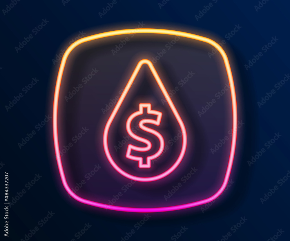 Glowing neon line Oil drop with dollar symbol icon isolated on black background. Oil price. Oil and petroleum industry. Vector Glowing neon line Oil drop with dollar symbol icon isolated on black background. Oil price. Oil and petroleum industry. Vector