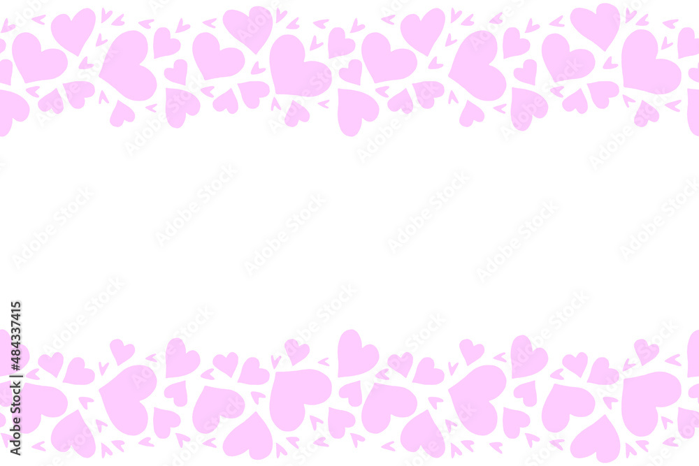 Vector backgrounds, frame of pink hearts. Love romance theme. Horizontal top and bottom edging, border, decoration for birthday, Valentine's day, greeting card, wedding