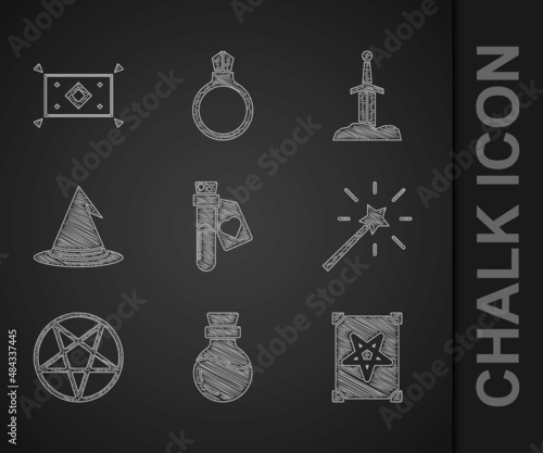 Set Bottle with love potion, Ancient magic book, Magic wand, Pentagram in circle, Witch hat, Sword the stone and carpet icon. Vector