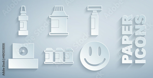 Set Paint spray can, Marker pen, Spray nozzle cap, Smile face, Paint, gouache, jar, dye and icon. Vector