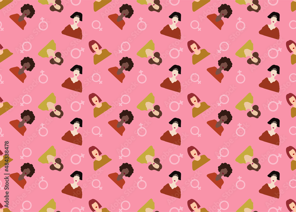 8 March International women´s day. Seamless pattern female diverse faces of different ethnicity. Vector. illustration.