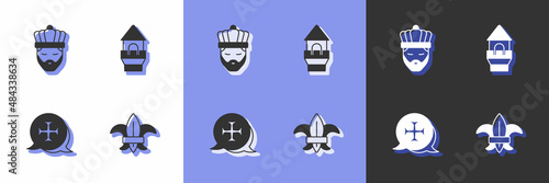 Set Fleur de lys or lily flower, King with crown, Crusade and Castle tower icon. Vector