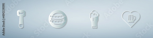 Set Bottle opener, Sausage, Glass of beer and Heart with glass. Paper art style. Vector