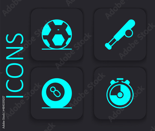 Set Stopwatch, Soccer football ball, Baseball bat with and Billiard pool snooker icon. Black square button. Vector