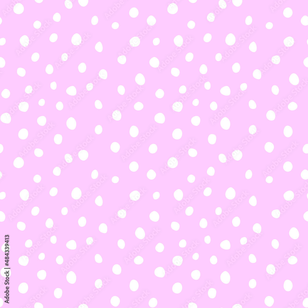 Background polka dot. Spotted seamless pattern. Random dots, circles, stains, spots. Design for fabric, fun cute kids print. Irregular random abstract vector texture. Repeating graphic backdrop