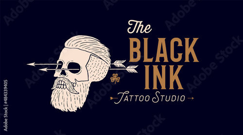 Skull man. Poster of vintage skull man, hipster label, portrait man. Retro old school illustration with text Black Ink, tattoo salon, hipster style. Vector Illustration