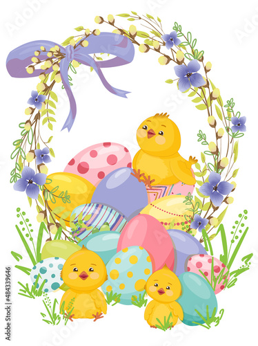 Happy Easter poster  postcard with funny chickens  realistic Easter eggs  in a wreath of willow branches and young leaves with spring flowers  bow.