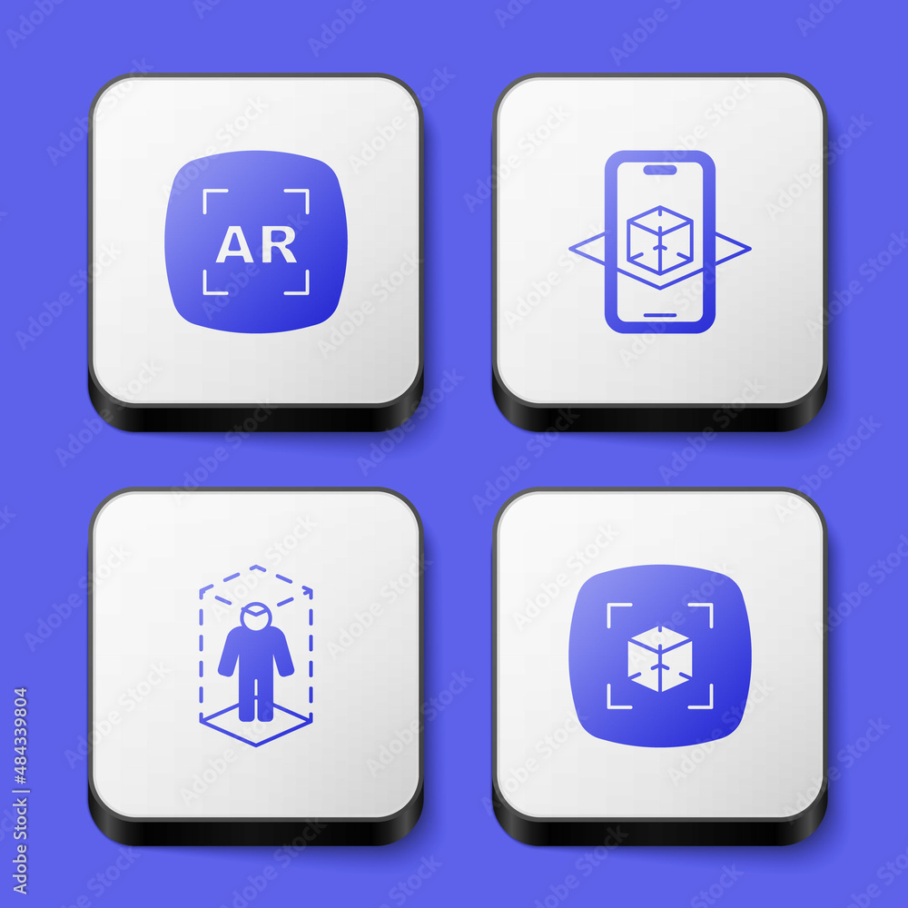 Set Augmented reality AR, 3d modeling, and icon. White square button. Vector Set Augmented reality AR, 3d modeling, and icon. White square button. Vector
