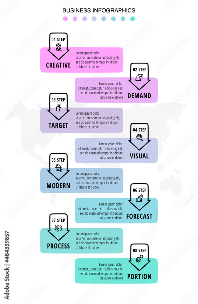 Modern vector hand-drawn infographics with 8 arrows and rectangles. Business concept graphic process template with eight steps and symbols. Sketch timeline for a project on white background Modern vector hand-drawn infographics with 8 arrows and rectangles. Business concept graphic process template with eight steps and symbols. Sketch timeline for a project on white background