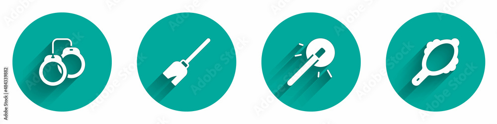Set Handcuffs, Witches broom, Magic wand and hand mirror icon with long shadow. Vector Set Handcuffs, Witches broom, Magic wand and hand mirror icon with long shadow. Vector