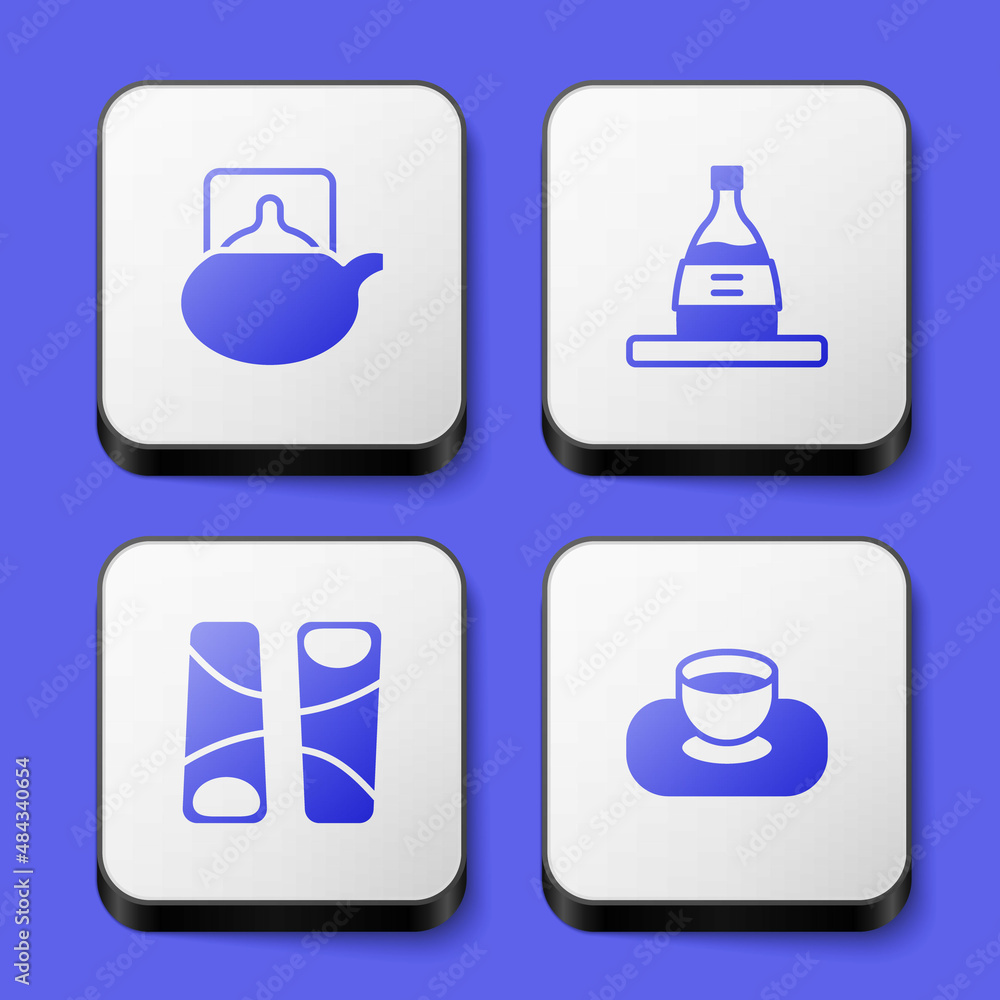 Set Traditional tea ceremony, Bottle of sake, Guotie and Soy sauce in bowl icon. White square button. Vector Set Traditional tea ceremony, Bottle of sake, Guotie and Soy sauce in bowl icon. White square button. Vector