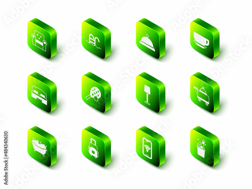 Set Swimming pool, Covered with tray of food, Coffee cup, Bottle champagne, Table lamp, Mobile wi-fi wireless and Suitcase icon. Vector