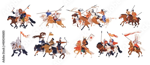 Ancient, medieval horse warriors, history set. Military horsemen ride horseback, armoured with arrows, spears, swords. Mounted fighters. Flat graphic vector illustrations isolated on white background