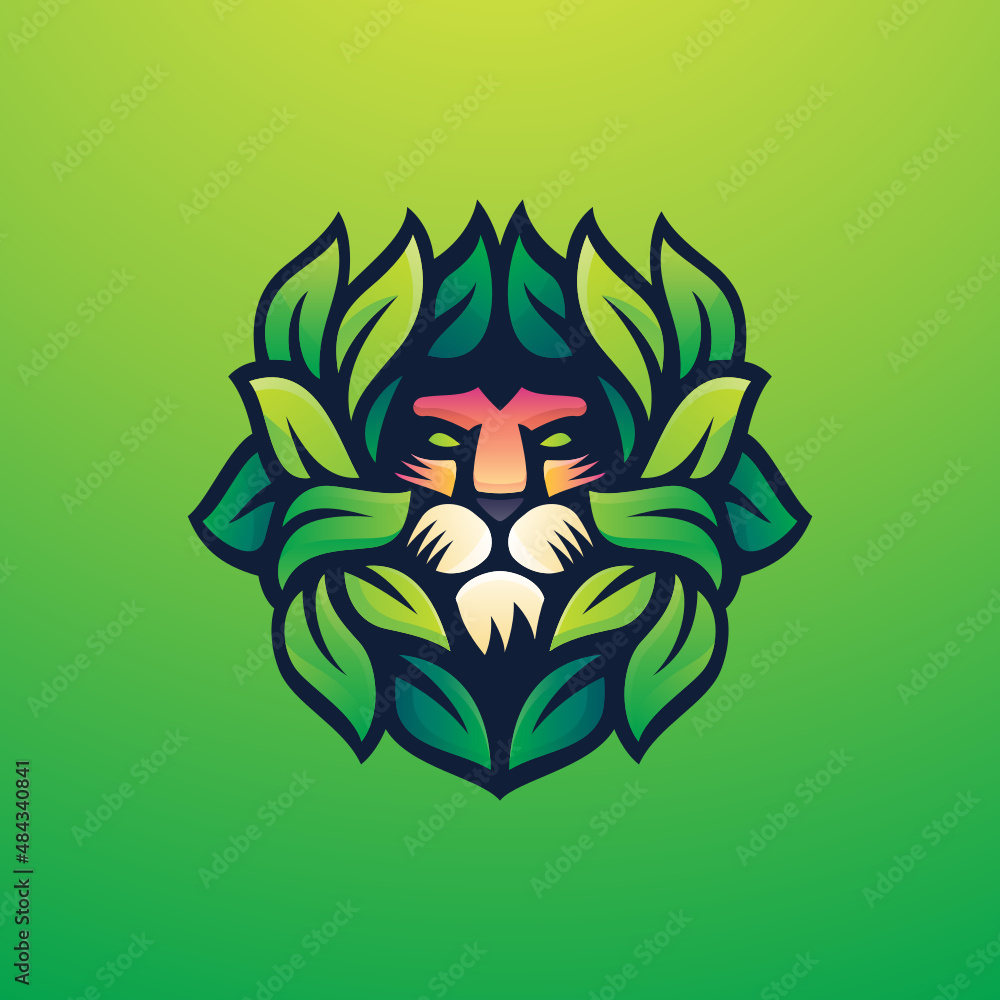 Lion Head with Green Leaf Mascot Logo Lion Head with Green Leaf Mascot Logo