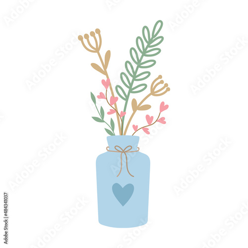 A vase with simple uncomplicated flowers and twigs in rustic style. Cozy natural vector design.