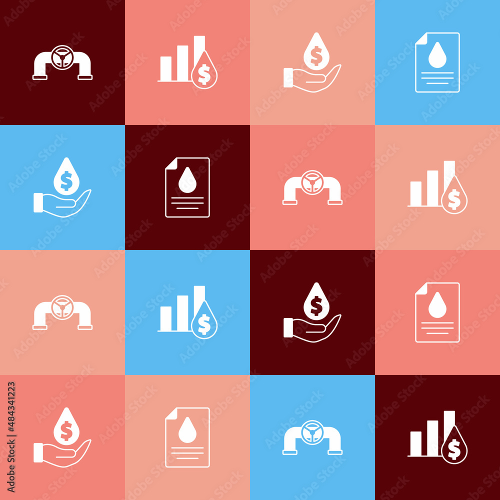 Set pop art Oil pipe with valve, Pie chart and dollar, drop symbol and Contract money pen icon. Vector Set pop art Oil pipe with valve, Pie chart and dollar, drop symbol and Contract money pen icon. Vector