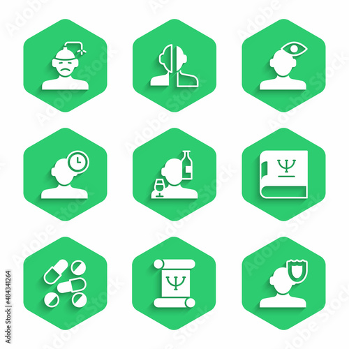 Set Alcoholism, Psychology book, Medicine pill or tablet, Insomnia, Solution problem psychology and Concussion, headache icon. Vector