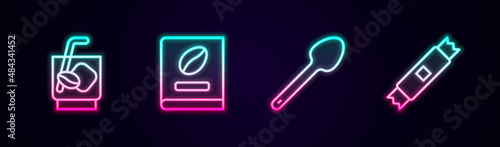 Set line Espresso tonic coffee, Coffee book, Teaspoon and Sugar stick packets. Glowing neon icon. Vector