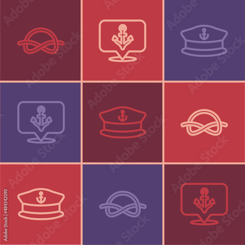 Set line Nautical rope knots  Captain hat and Anchor icon. Vector