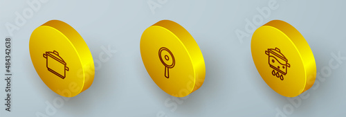 Set Isometric line Cooking pot, Frying pan and on fire icon. Vector