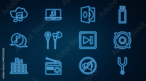 Set line Musical tuning fork, Stereo speaker, Vinyl player with vinyl disk, Air headphones, note speech bubble, streaming service, Fast forward and Laptop music icon. Vector