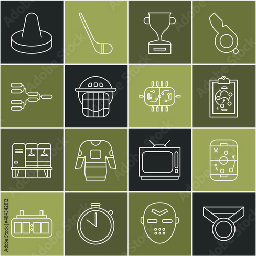 Set line Medal, Planning strategy, Award cup, Hockey helmet, Championship tournament bracket, Mallet for playing air hockey and table icon. Vector