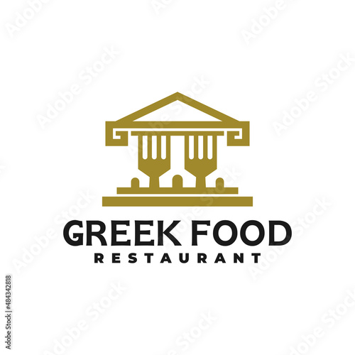 illustration of a house with a greek style and a fork shape. greek restaurant logo vector template.