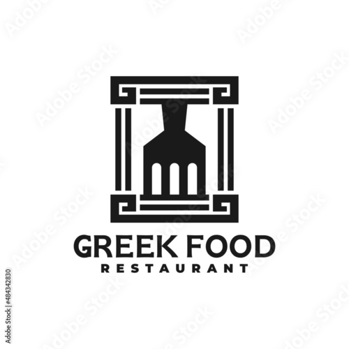 illustration of a greek style ornament and a fork shape. greek restaurant logo vector template.