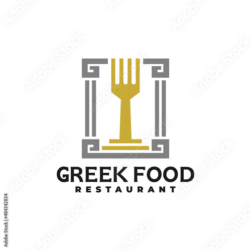 illustration of a greek style ornament and a fork shape. greek restaurant logo vector template.