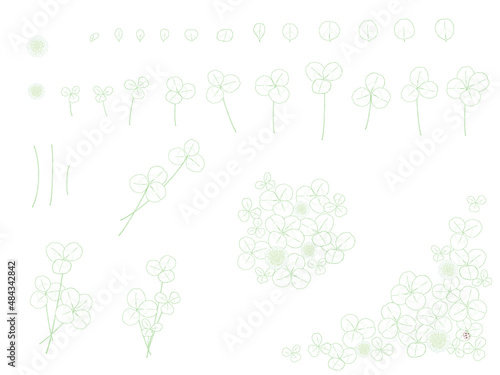 クローバーの花と葉のセット_カラー線画