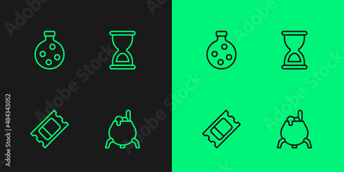 Set line Witch cauldron, Circus ticket, Bottle with potion and Old hourglass icon. Vector